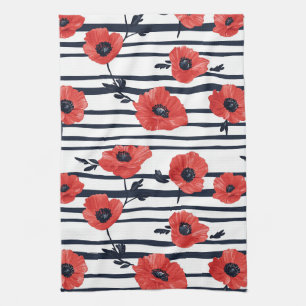 Red Poppies with Blue Leaves and Striped Pattern 3 Tea Towel