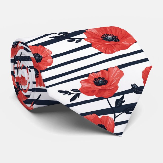 Red Poppies with Blue Leaves and Striped Pattern 3 Tie (Rolled)