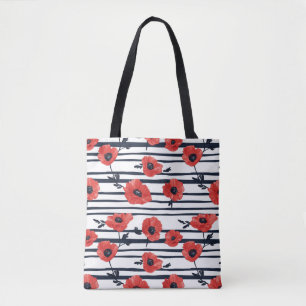 Red Poppies with Blue Leaves and Striped Pattern 3 Tote Bag