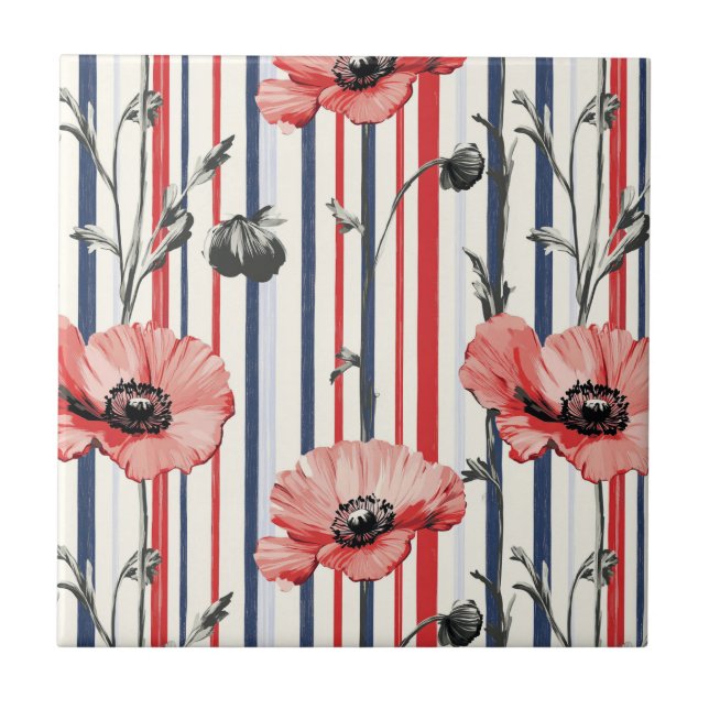 Red Poppies with Blue Leaves and Striped Pattern Ceramic Tile (Front)