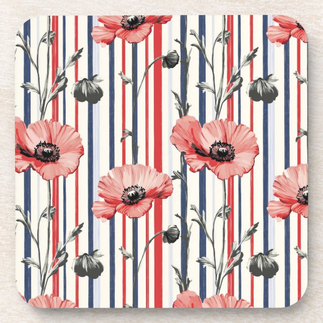 Red Poppies with Blue Leaves and Striped Pattern Coaster (Front)