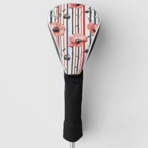 Red Poppies with Blue Leaves and Striped Pattern Golf Head Cover