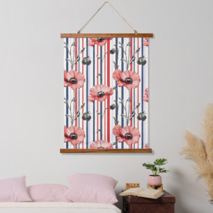 Red Poppies with Blue Leaves and Striped Pattern Hanging Tapestry