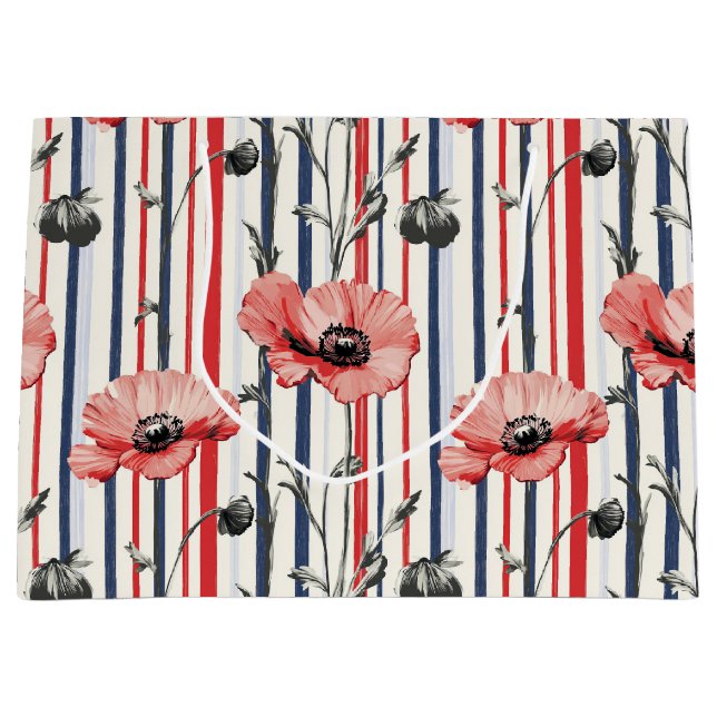 Red Poppies with Blue Leaves and Striped Pattern Large Gift Bag (Front)