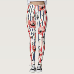 Red Poppies with Blue Leaves and Striped Pattern Leggings