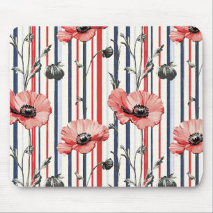 Red Poppies with Blue Leaves and Striped Pattern Mouse Pad