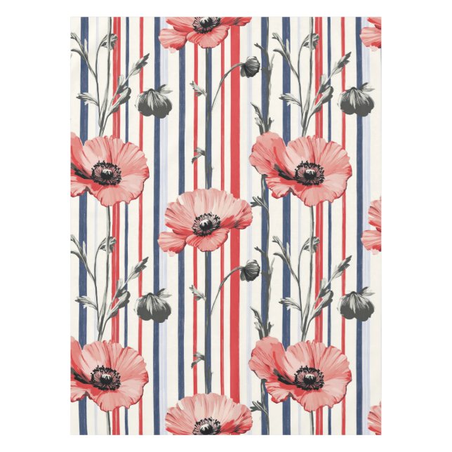 Red Poppies with Blue Leaves and Striped Pattern Tablecloth (Front)