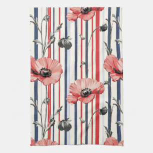 Red Poppies with Blue Leaves and Striped Pattern Tea Towel