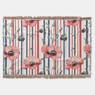 Red Poppies with Blue Leaves and Striped Pattern Throw Blanket