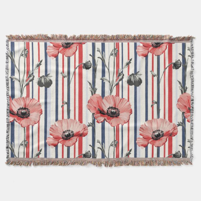 Red Poppies with Blue Leaves and Striped Pattern Throw Blanket (Front)