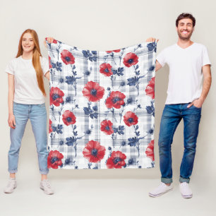 Red Poppies with Blue Leaves on Blue Chequered Fleece Blanket