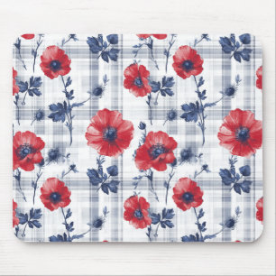 Red Poppies with Blue Leaves on Blue Chequered Mouse Pad