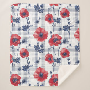 Red Poppies with Blue Leaves on Blue Chequered Sherpa Blanket