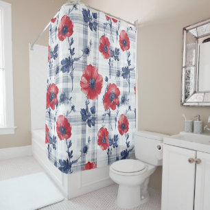 Red Poppies with Blue Leaves on Blue Chequered Shower Curtain