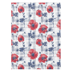 Red Poppies with Blue Leaves on Blue Chequered Tablecloth