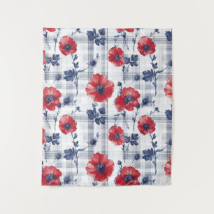 Red Poppies with Blue Leaves on Blue Chequered Tapestry