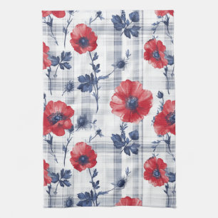 Red Poppies with Blue Leaves on Blue Chequered Tea Towel