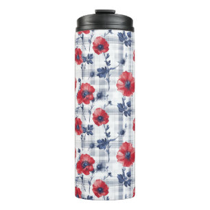 Red Poppies with Blue Leaves on Blue Chequered Thermal Tumbler