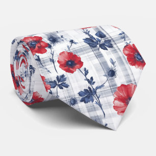 Red Poppies with Blue Leaves on Blue Chequered Tie