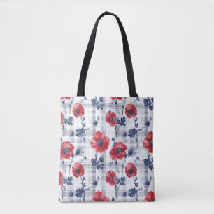 Red Poppies with Blue Leaves on Blue Chequered Tote Bag