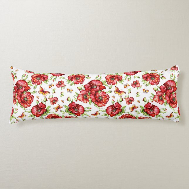 Red Poppies with Green Foliage on White Background Body Cushion (Front)