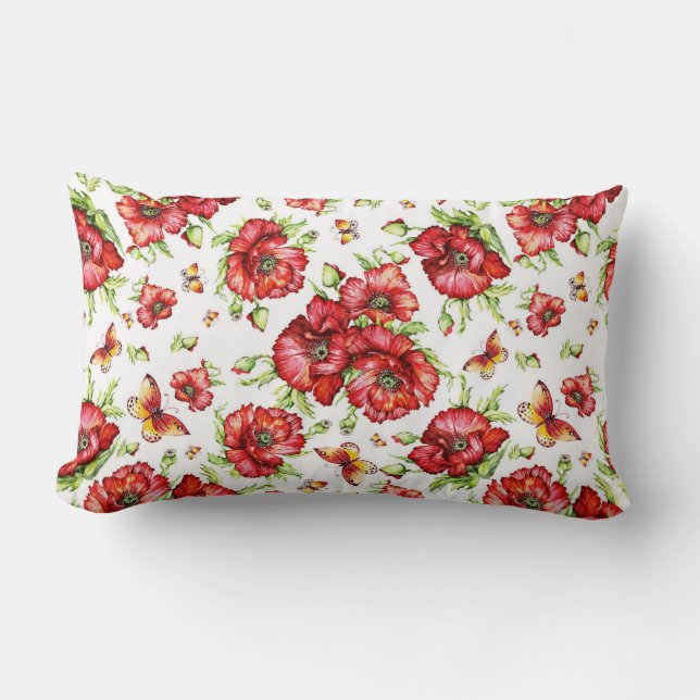 Red Poppies with Green Foliage on White Background Lumbar Cushion (Front)