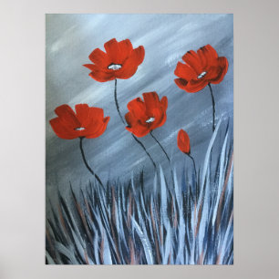 Red Poppies with Grey Background Poster