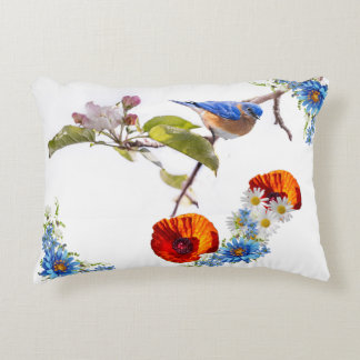 Red poppy and bird decorative cushion
