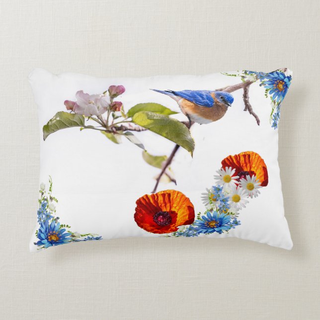 Red poppy and bird decorative cushion (Front)