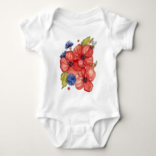 Red Poppy and Blue Cornflower Watercolor Baby Bodysuit