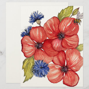 Red Poppy and Blue Cornflower Watercolor Custom Letterhead