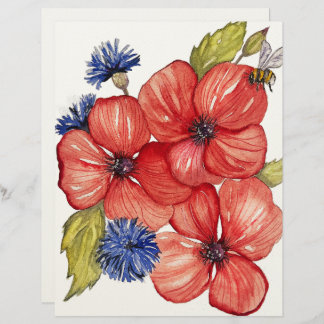 Red Poppy and Blue Cornflower Watercolor Custom Letterhead