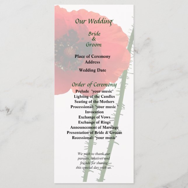 Red Poppy and Bud Wedding Program (Front)