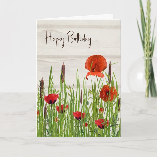 Red Poppy and Cattails Birthday Card (Front)