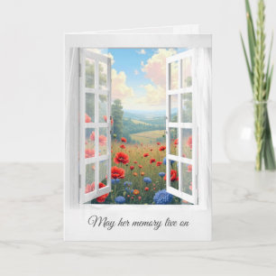 Red Poppy and Dahlia Field In Window Sympathy Card