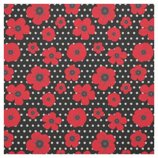 Red Poppy and Polka Dot Pattern Fabric (Swatch)