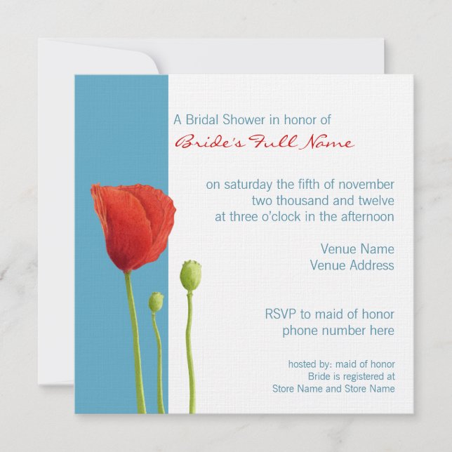 Red Poppy aqua Bridal Shower Invitation (Front)