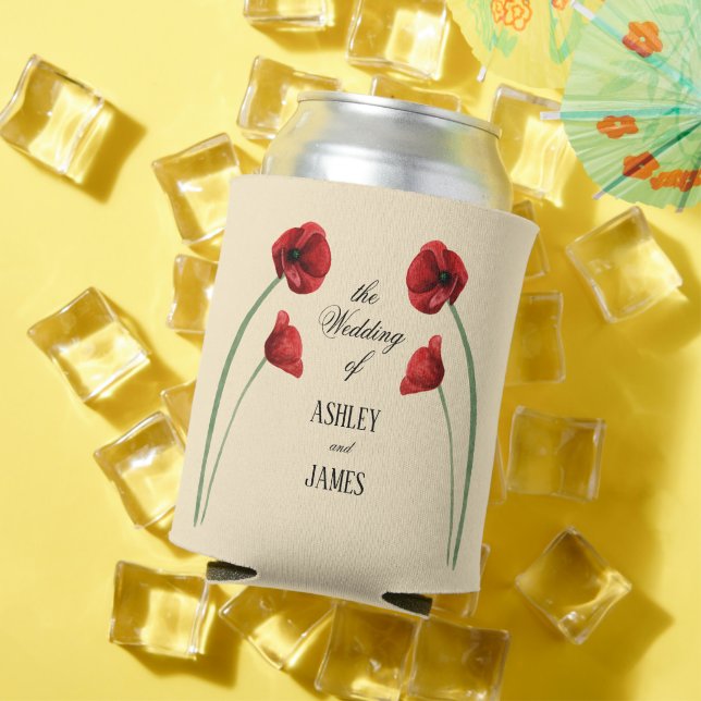 Red Poppy Arched Flowers Modern Wedding Can Cooler (In Situ Summer)