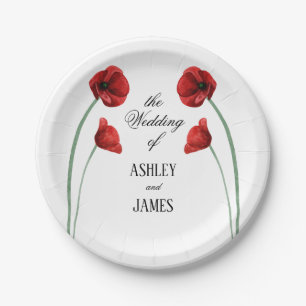Red Poppy Arched Flowers Modern Wedding Paper Plate