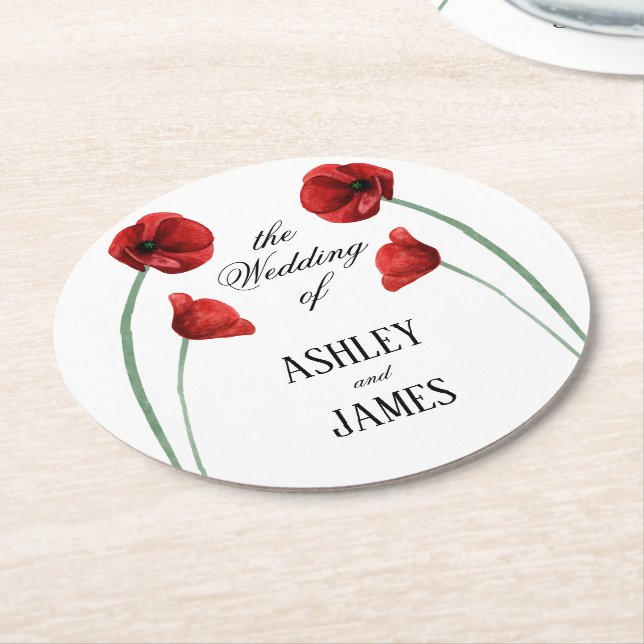 Red Poppy Arched Flowers Modern Wedding Round Paper Coaster (Angled)