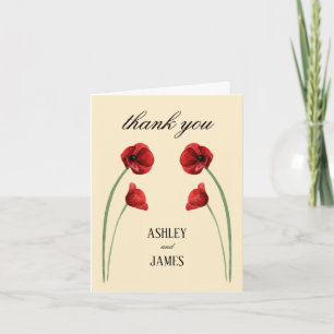 Red Poppy Arched Flowers Modern Wedding Thank You Card