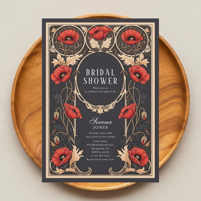 Red Poppy Art Nouveau Bridal Shower Invitation (Creator Uploaded)