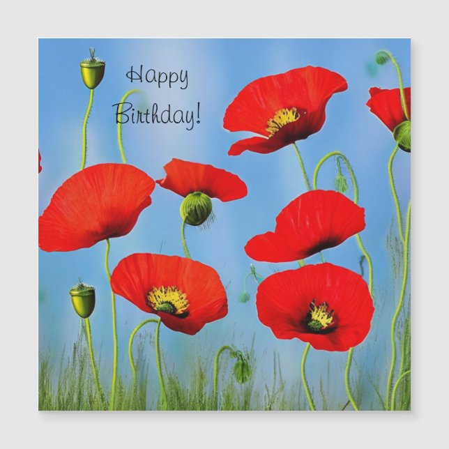 Red Poppy Birthday Magnetic Card (Front)