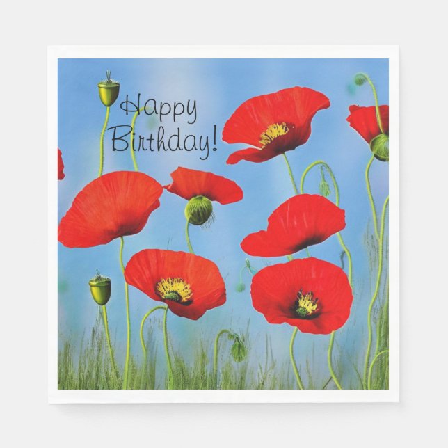 Red Poppy Birthday  Napkin (Front)