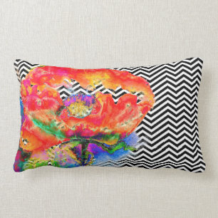 Red Poppy - black and white chevron Lumbar Cushion