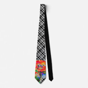 Red poppy black and white plaid tie