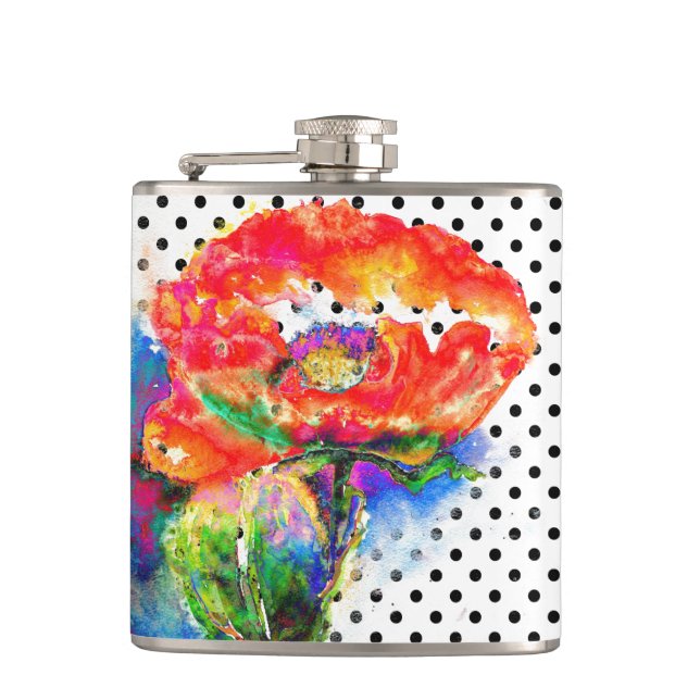 Red Poppy  black and white polka-dots Hip Flask (Front)
