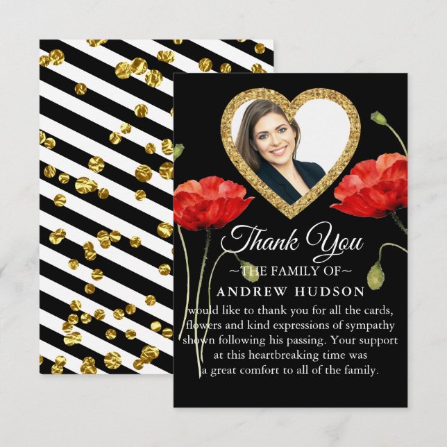 Red Poppy Black Modern Funeral Thank You Card (Front/Back)