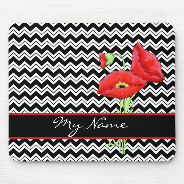 Red Poppy Black & White Personalise Chevron Zizzag Mouse Pad (Front)