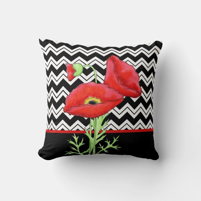 Red Poppy Black White Zigzag Chevron Decorative Cushion (Front)